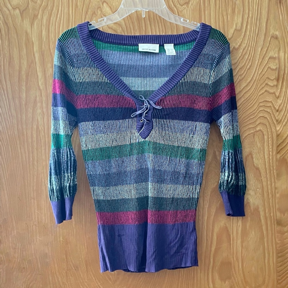 DKNY Jeans Y2K ribbed top, block stripes, lace up V-neck, size small